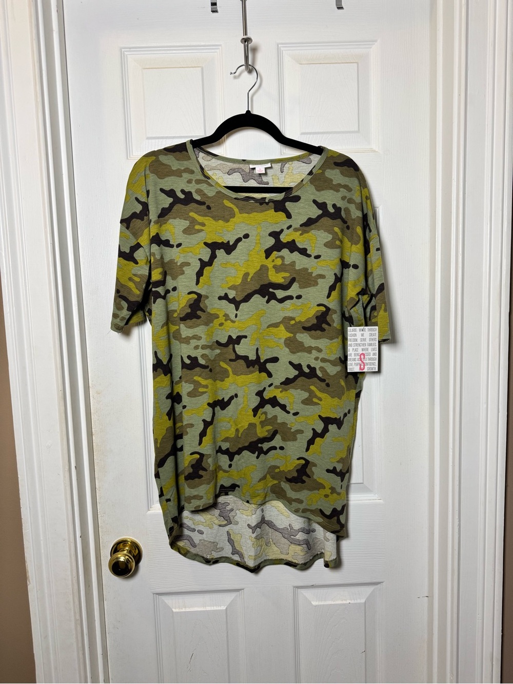 LuLaRoe Irma Short Sleeve Camo Tee in Olive, Yellow, Brown